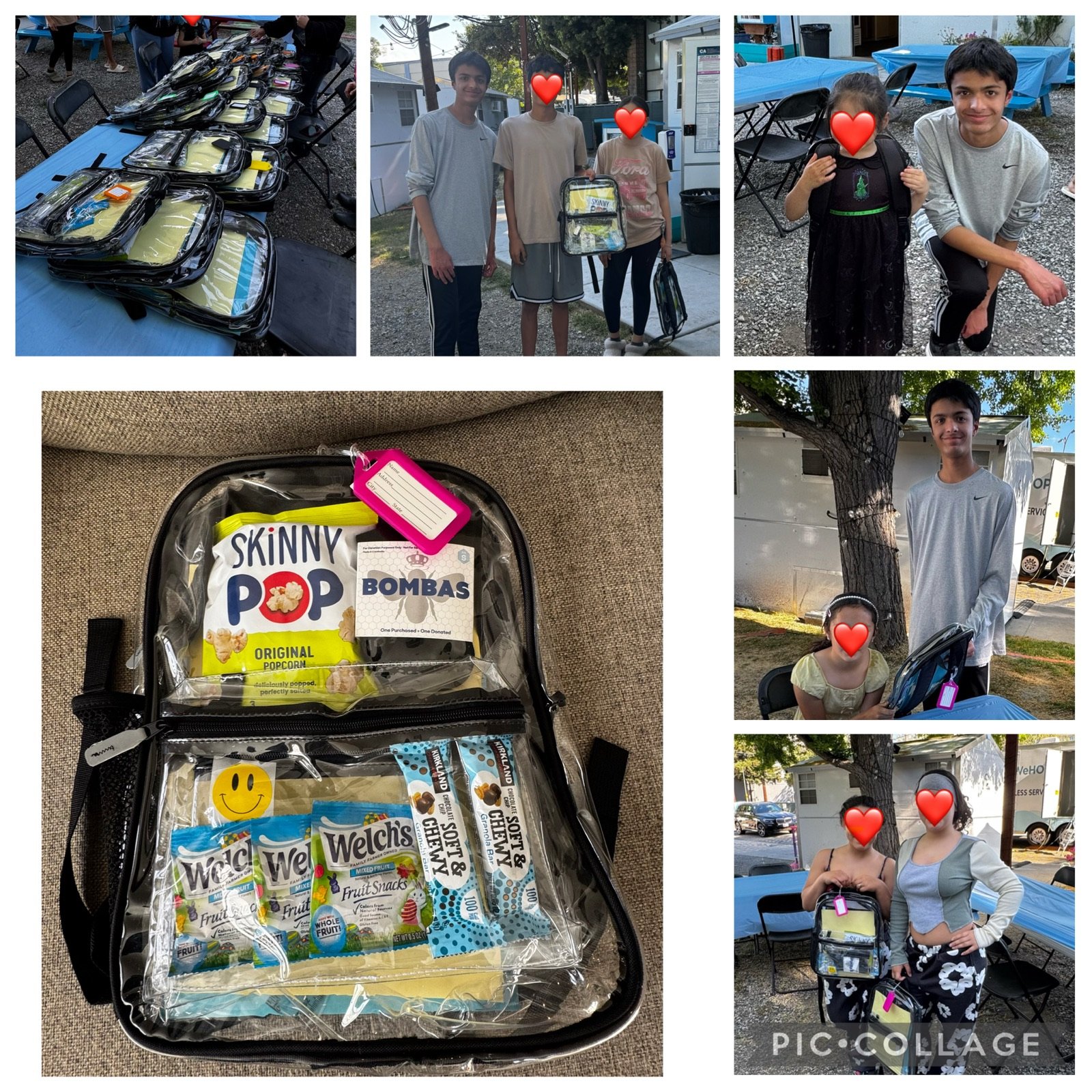 A clear backpack packed with school supplies for a Smile Bag