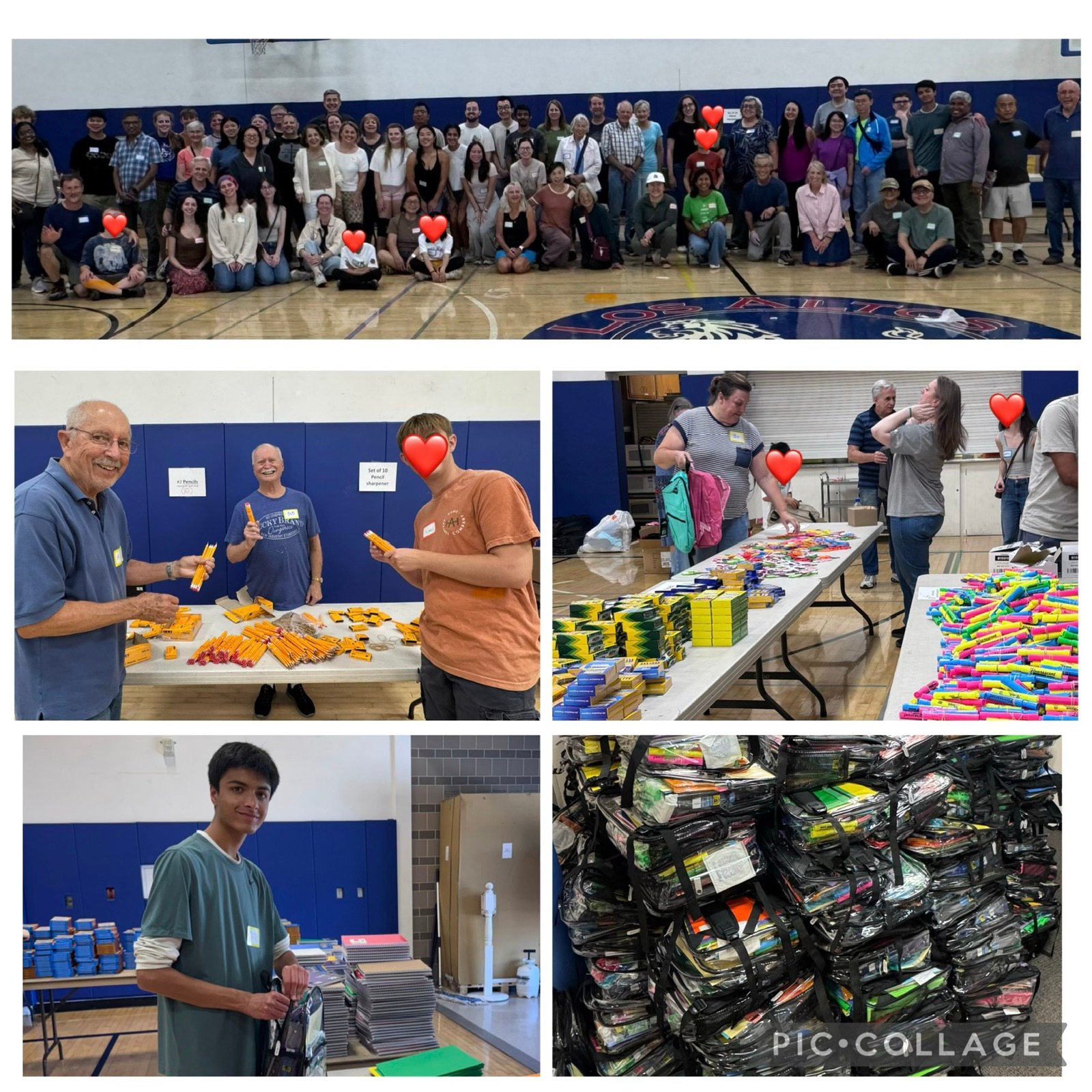 Volunteers sorting pencils and supplies for Smile Bags